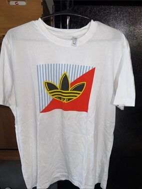 Adidas White Graphic Crewneck T-Shirt with Yellow & Red Emblem
